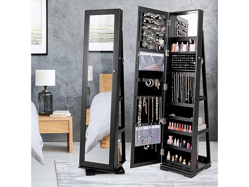 Armoire à Bijoux Pivotante à 360 Degrés, Organisateur de Bijoux sur Pieds, avec Grand Miroir Psyché et Etagère de Rangement à L’Arrière (Noir)