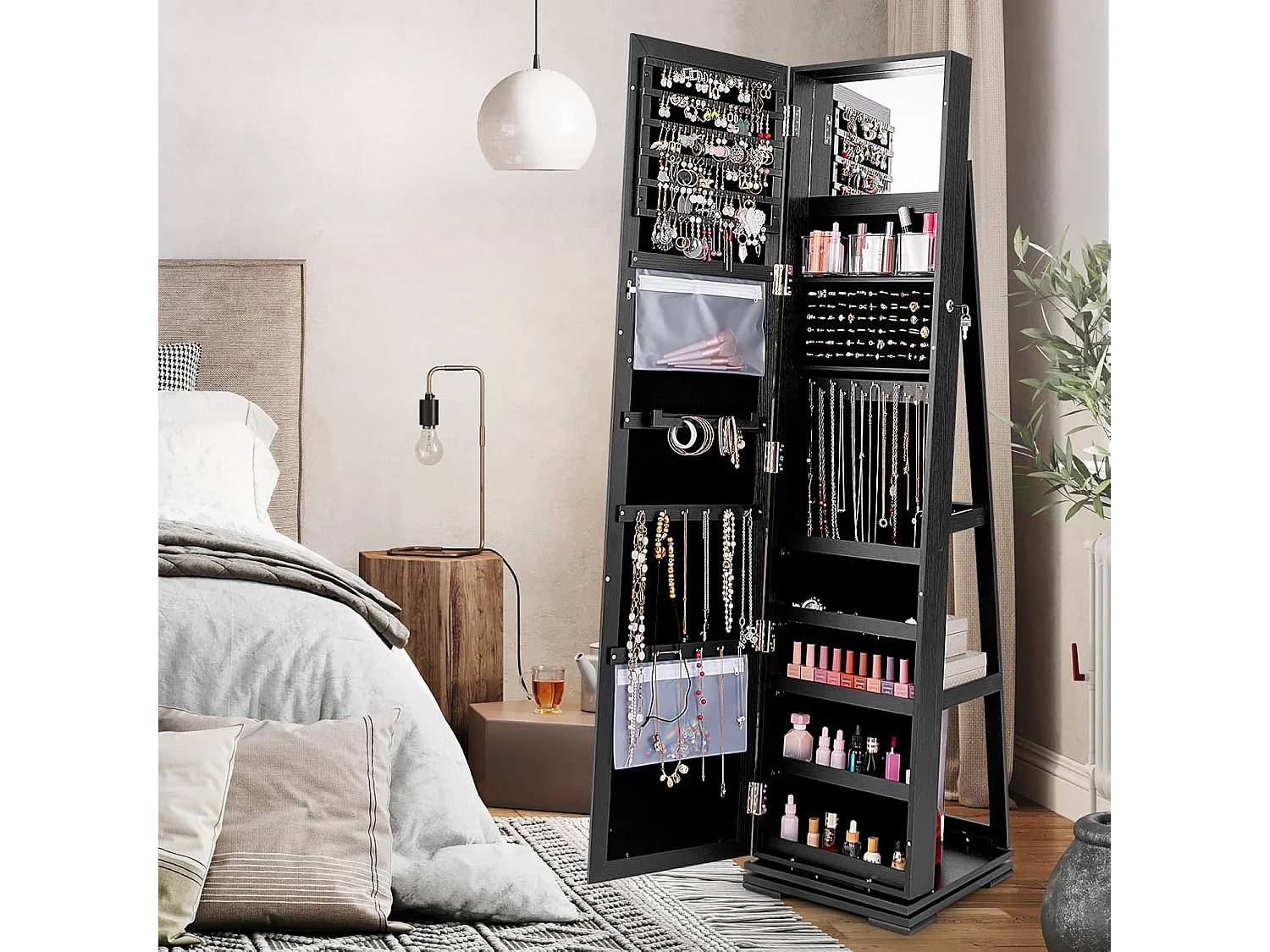 Armoire à Bijoux Pivotante à 360 Degrés, Organisateur de Bijoux sur Pieds, avec Grand Miroir Psyché et Etagère de Rangement à L’Arrière (Noir)