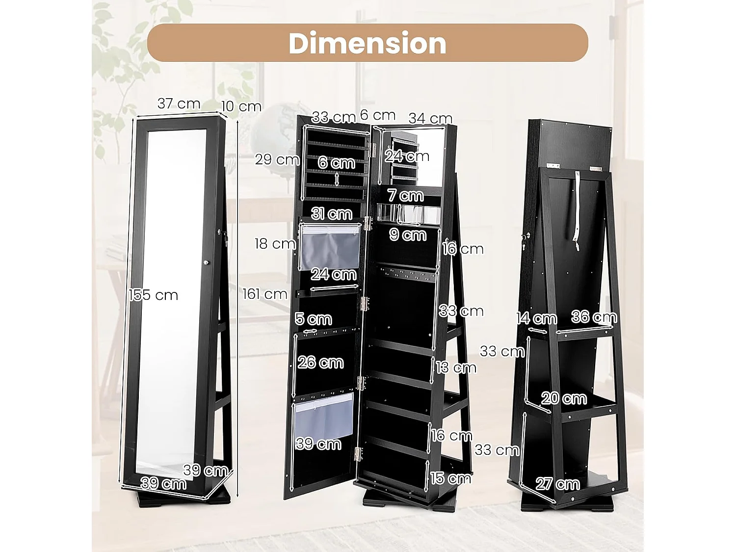 Armoire à Bijoux Pivotante à 360 Degrés, Organisateur de Bijoux sur Pieds, avec Grand Miroir Psyché et Etagère de Rangement à L’Arrière (Noir)