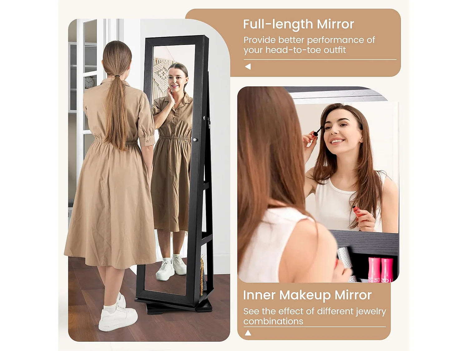 Armoire à Bijoux Pivotante à 360 Degrés, Organisateur de Bijoux sur Pieds, avec Grand Miroir Psyché et Etagère de Rangement à L’Arrière (Noir)