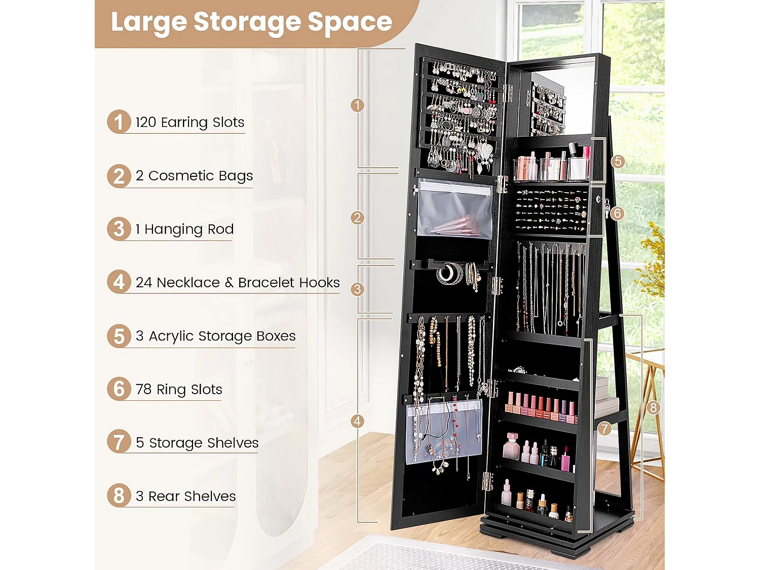 Armoire à Bijoux Pivotante à 360 Degrés, Organisateur de Bijoux sur Pieds, avec Grand Miroir Psyché et Etagère de Rangement à L’Arrière (Noir)