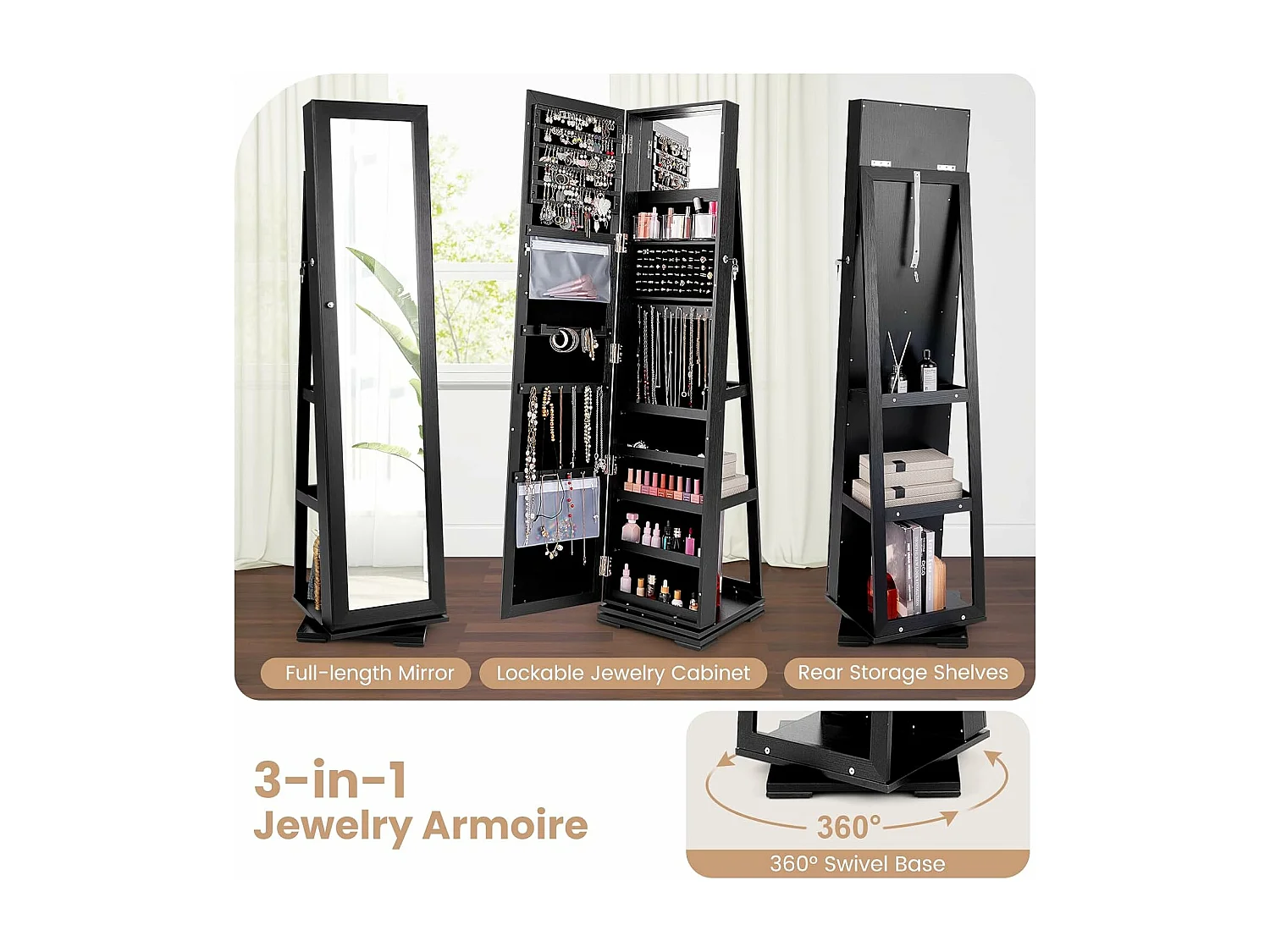 Armoire à Bijoux Pivotante à 360 Degrés, Organisateur de Bijoux sur Pieds, avec Grand Miroir Psyché et Etagère de Rangement à L’Arrière (Noir)