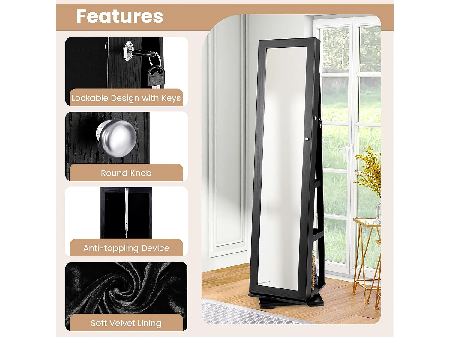 Armoire à Bijoux Pivotante à 360 Degrés, Organisateur de Bijoux sur Pieds, avec Grand Miroir Psyché et Etagère de Rangement à L’Arrière (Noir)