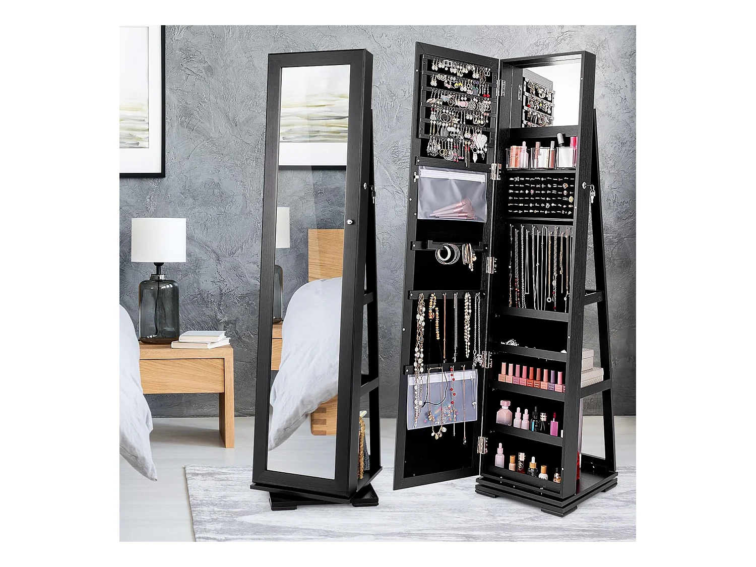 Armoire à Bijoux Pivotante à 360 Degrés, Organisateur de Bijoux sur Pieds, avec Grand Miroir Psyché et Etagère de Rangement à L’Arrière (Noir)