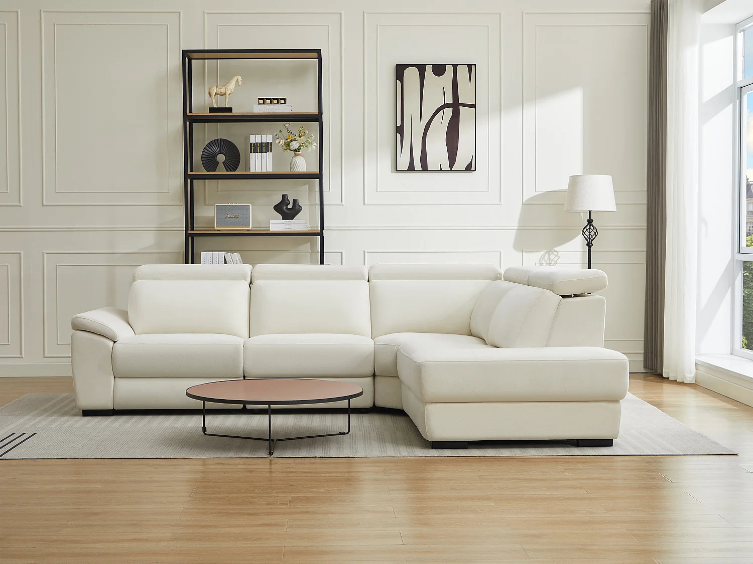 Sofá rinconera derecho relax eléctrico de tela beige KOKIBA