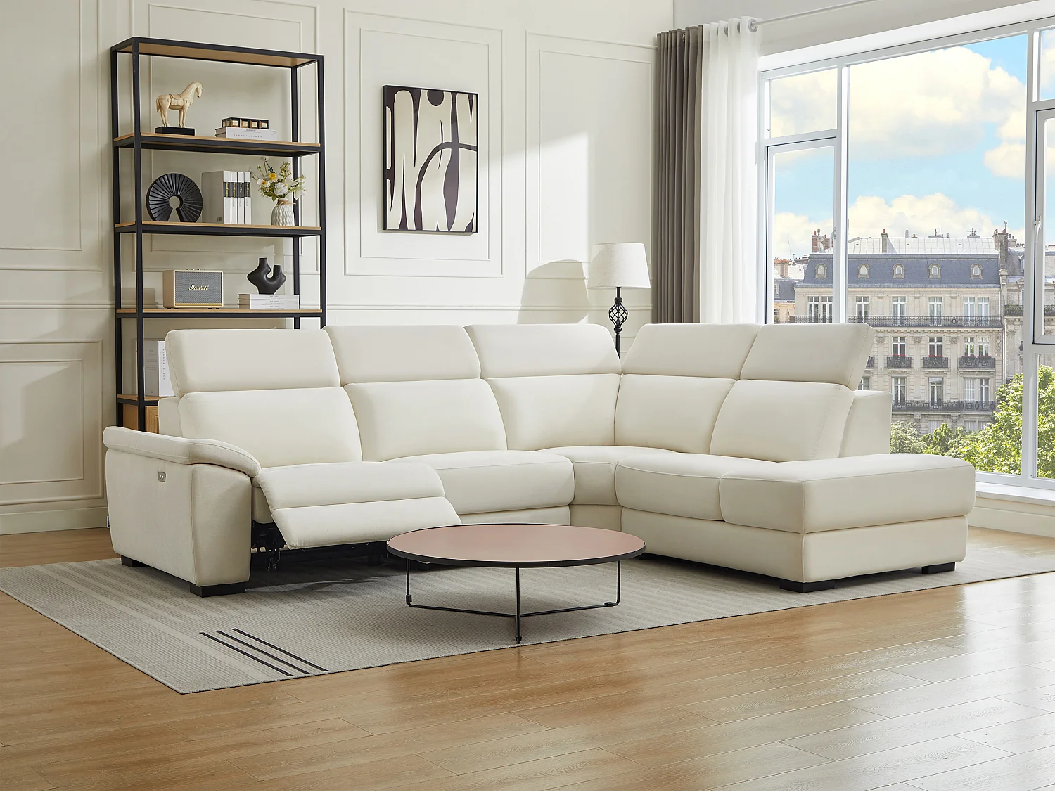 Sofá rinconera derecho relax eléctrico de tela beige KOKIBA