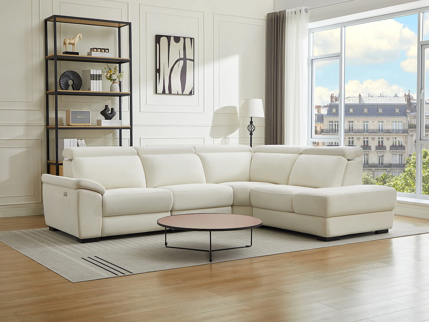 Canapé d'angle droit relax électrique en tissu beige KOKIBA