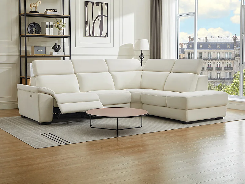 Canapé d'angle droit relax électrique en tissu beige KOKIBA