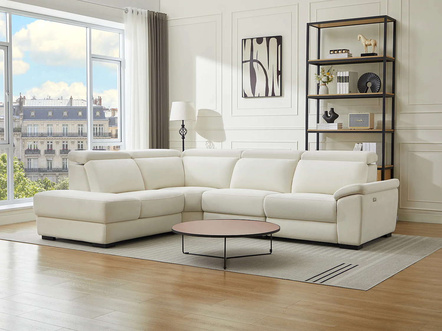 Canapé d'angle gauche relax électrique en tissu beige KOKIBA