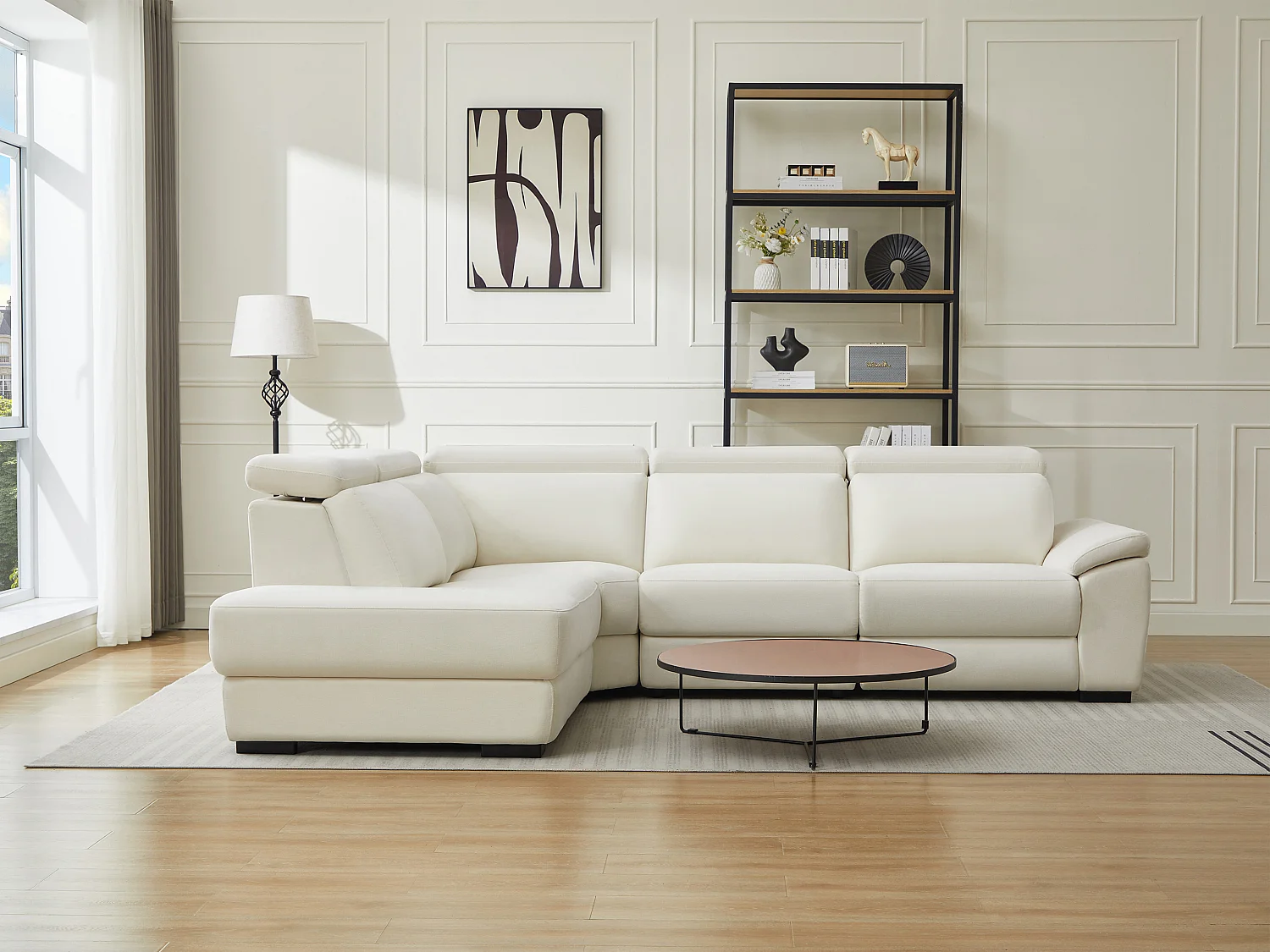 Canapé d'angle gauche relax électrique en tissu beige KOKIBA