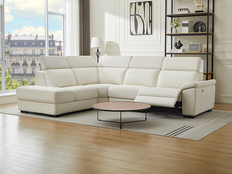 Canapé d'angle gauche relax électrique en tissu beige KOKIBA