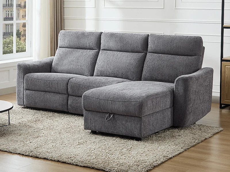 Eckrelaxsofa elektrisch mit Stauraum - Ecke rechts - melierter Stoff - Grau - MOROZEL