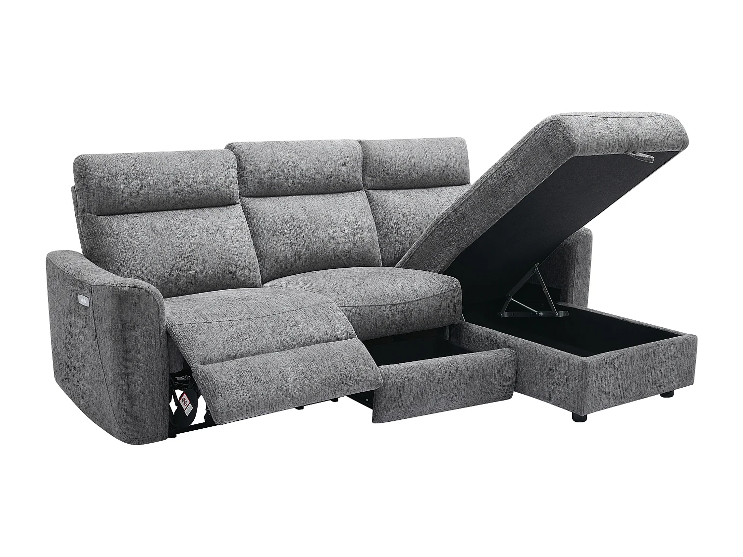 Canapé d'angle droit relax électrique avec rangements en tissu gris chiné MOROZEL