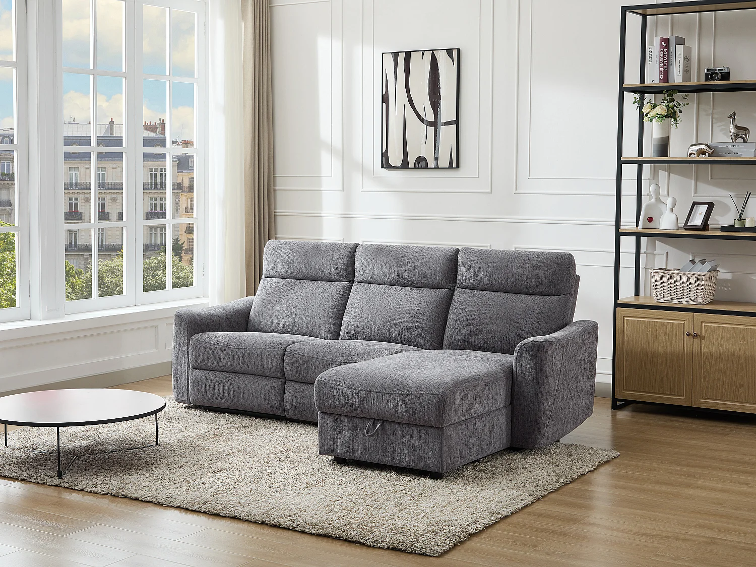 Canapé d'angle droit relax électrique avec rangements en tissu gris chiné MOROZEL