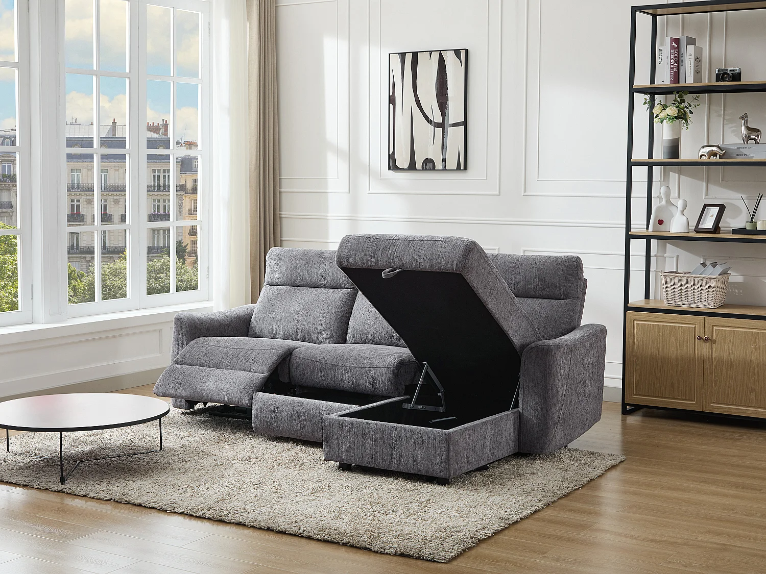 Canapé d'angle droit relax électrique avec rangements en tissu gris chiné MOROZEL