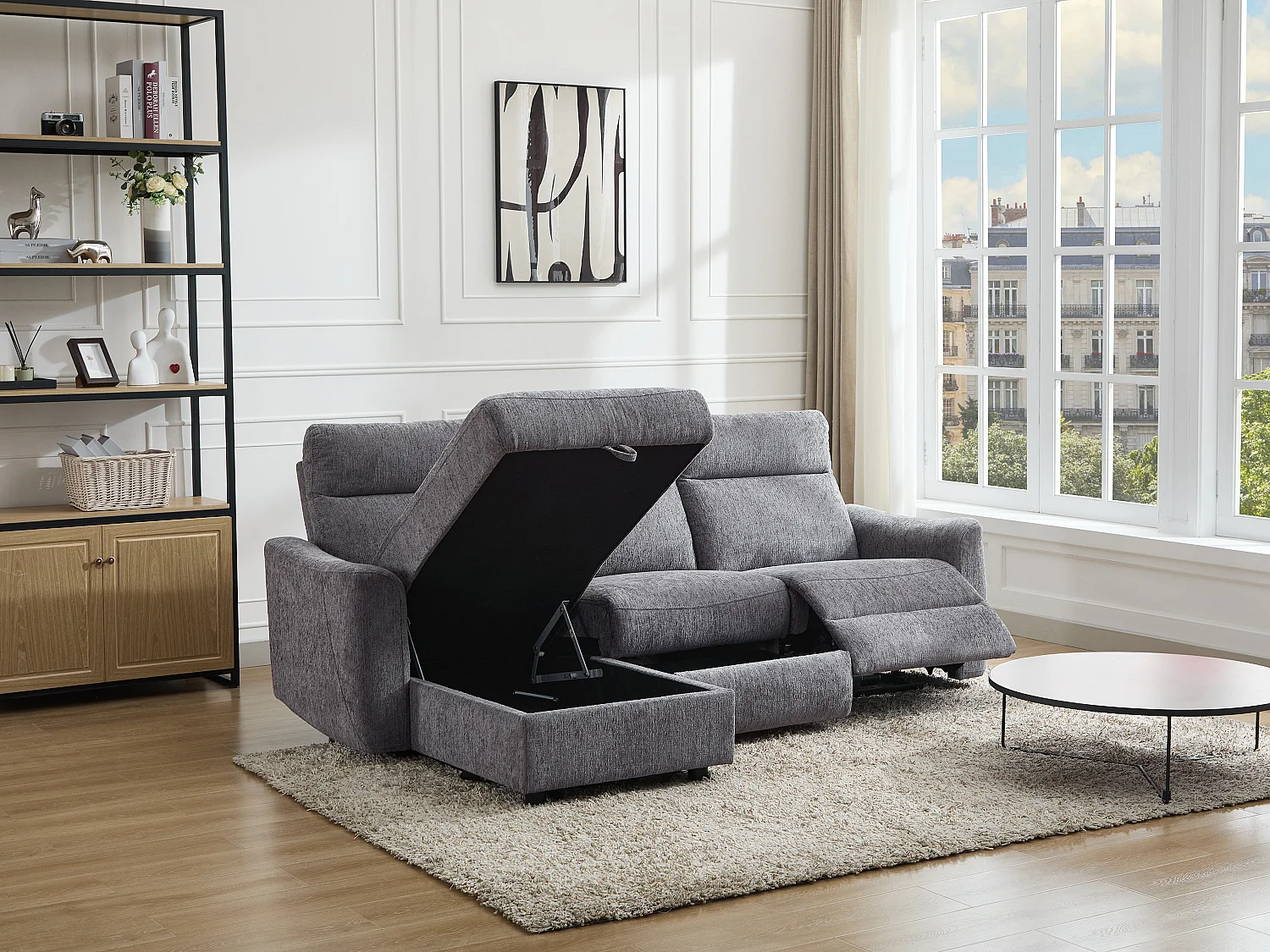 Canapé d'angle gauche relax électrique avec rangements en tissu gris chiné MOROZEL