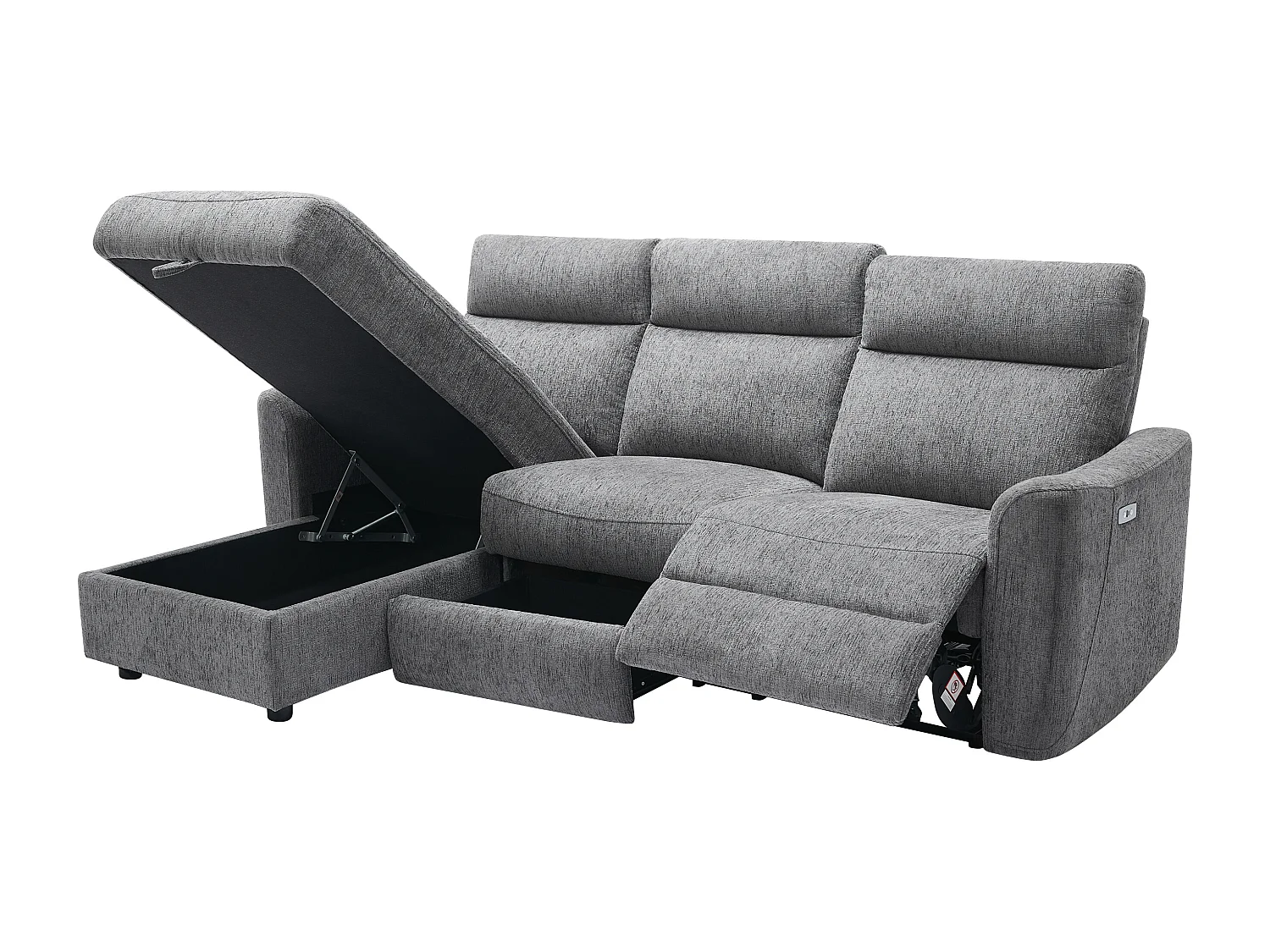 Canapé d'angle gauche relax électrique avec rangements en tissu gris chiné MOROZEL