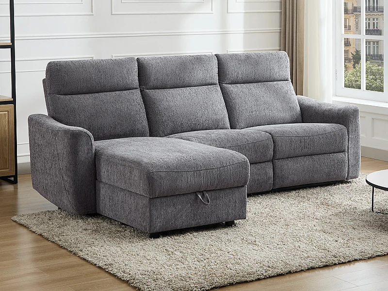 Canapé d'angle gauche relax électrique avec rangements en tissu gris chiné MOROZEL