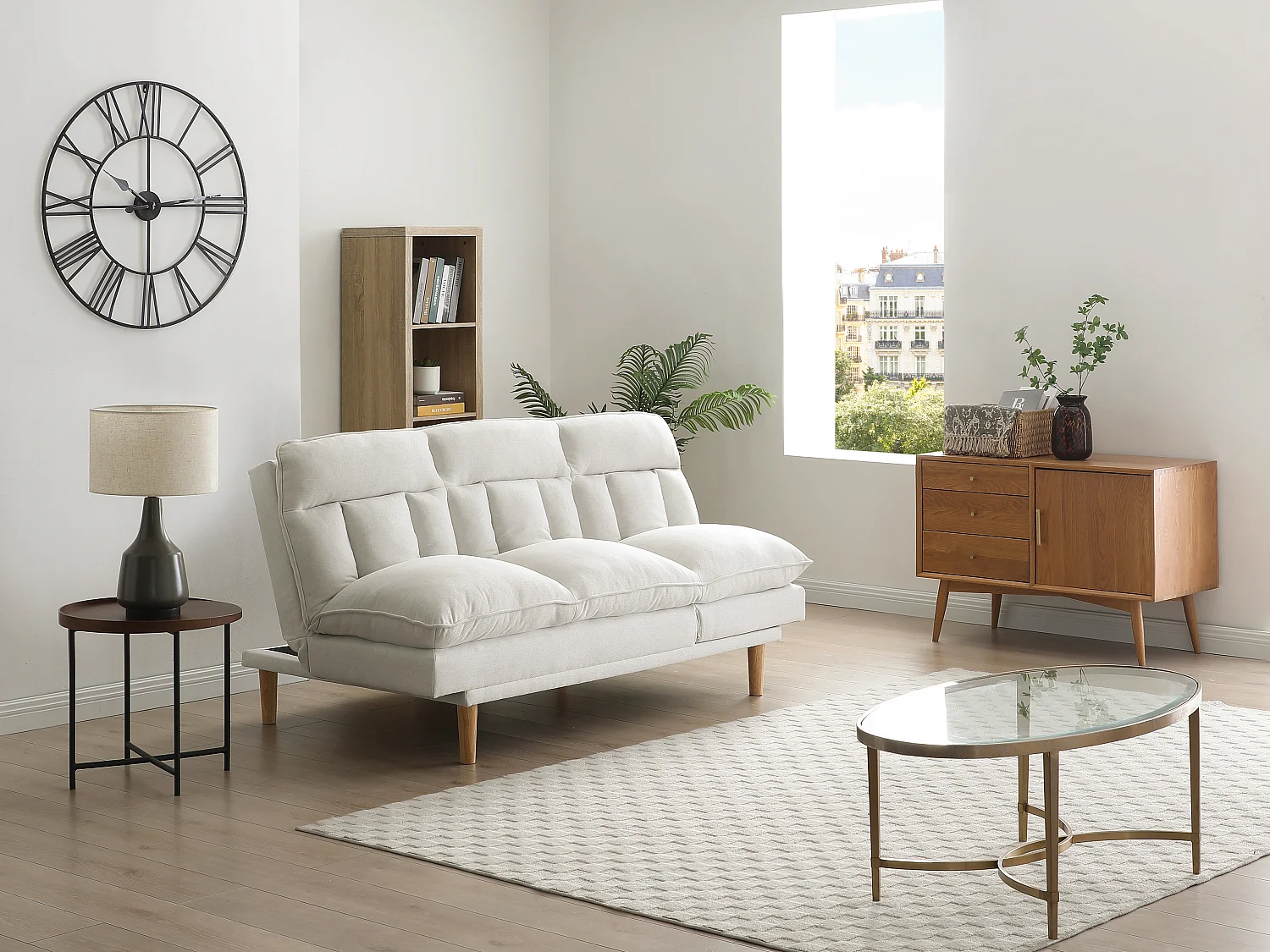 Canapé inclinable 3 places convertible clic-clac en tissu beige PALOBU