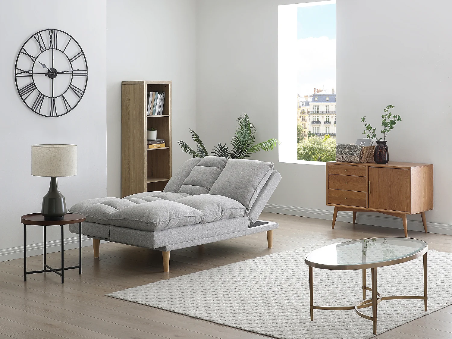 Canapé inclinable 3 places convertible clic-clac en tissu gris clair PALOBU