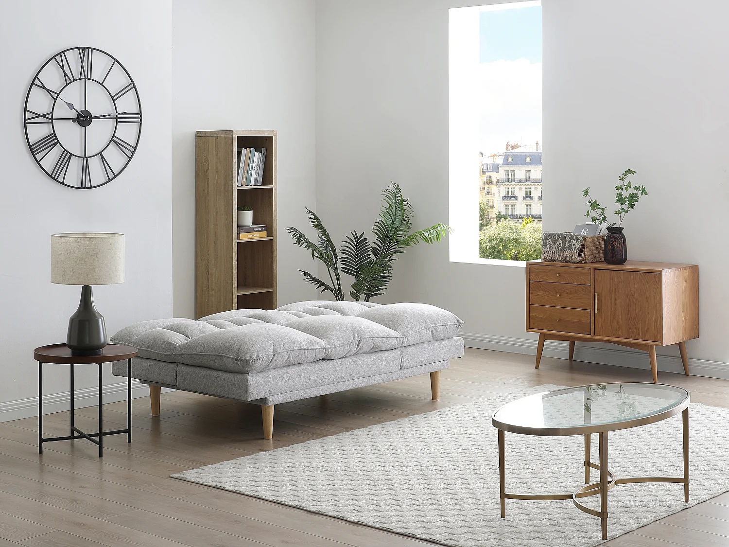 Canapé inclinable 3 places convertible clic-clac en tissu gris clair PALOBU