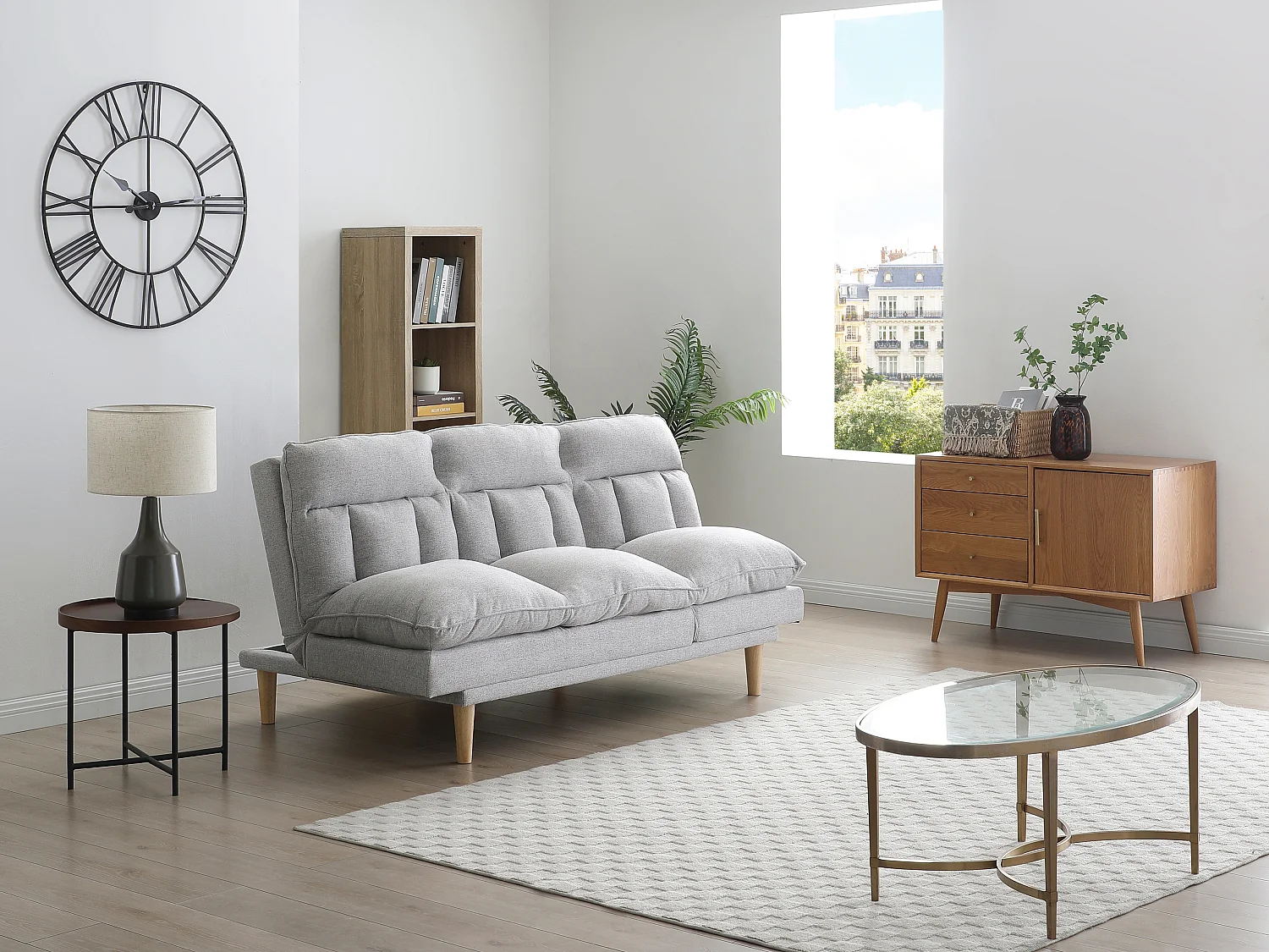 Canapé inclinable 3 places convertible clic-clac en tissu gris clair PALOBU