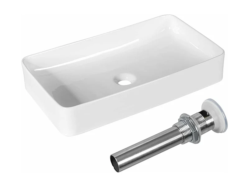 Vasque à Poser en Porcelaine Blanc, Lavabo Salle de Bain 60 x 35 x 11 cm, Lavabo Céramique Rectangulaire avec Vidange Escamotable, pour Maison, Restaurant, Hôtel