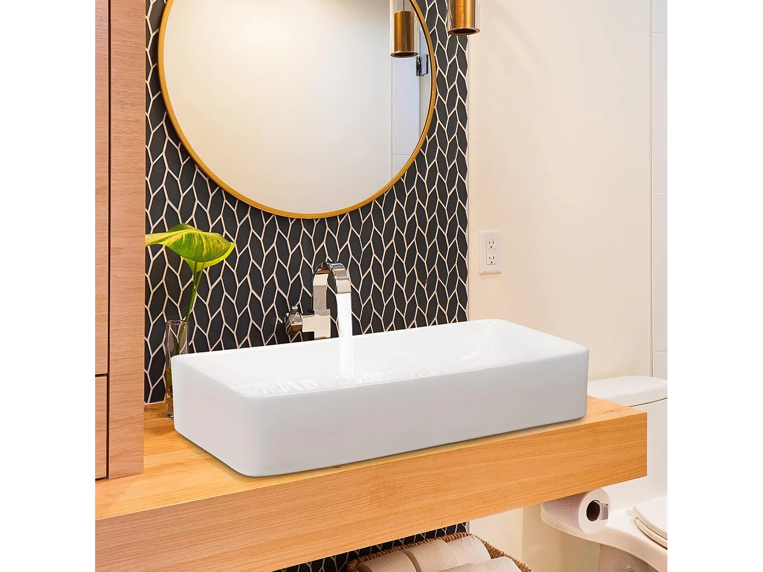 Vasque à Poser en Porcelaine Blanc, Lavabo Salle de Bain 60 x 35 x 11 cm, Lavabo Céramique Rectangulaire avec Vidange Escamotable, pour Maison, Restaurant, Hôtel