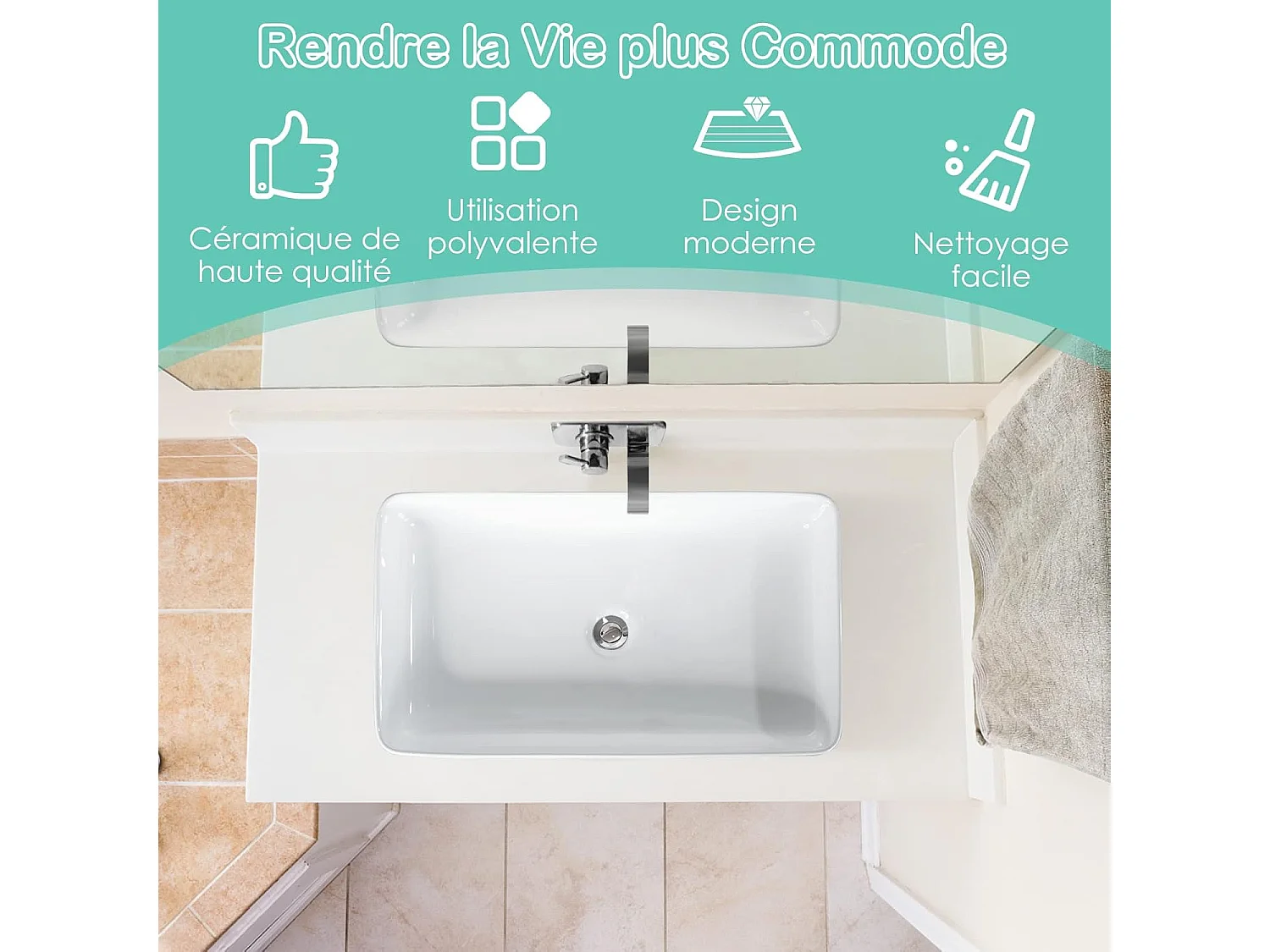 Vasque à Poser en Porcelaine Blanc, Lavabo Salle de Bain 60 x 35 x 11 cm, Lavabo Céramique Rectangulaire avec Vidange Escamotable, pour Maison, Restaurant, Hôtel