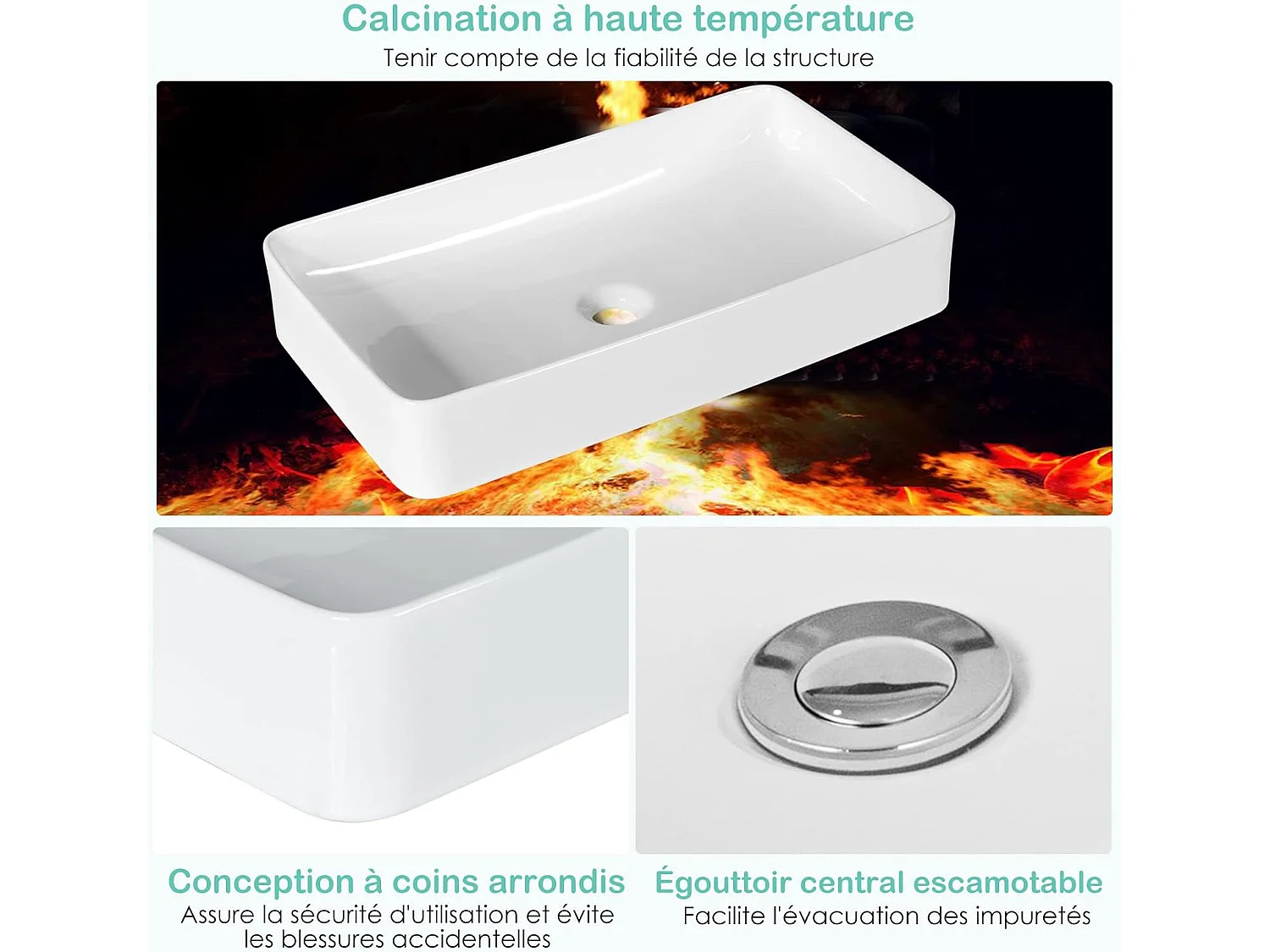 Vasque à Poser en Porcelaine Blanc, Lavabo Salle de Bain 60 x 35 x 11 cm, Lavabo Céramique Rectangulaire avec Vidange Escamotable, pour Maison, Restaurant, Hôtel