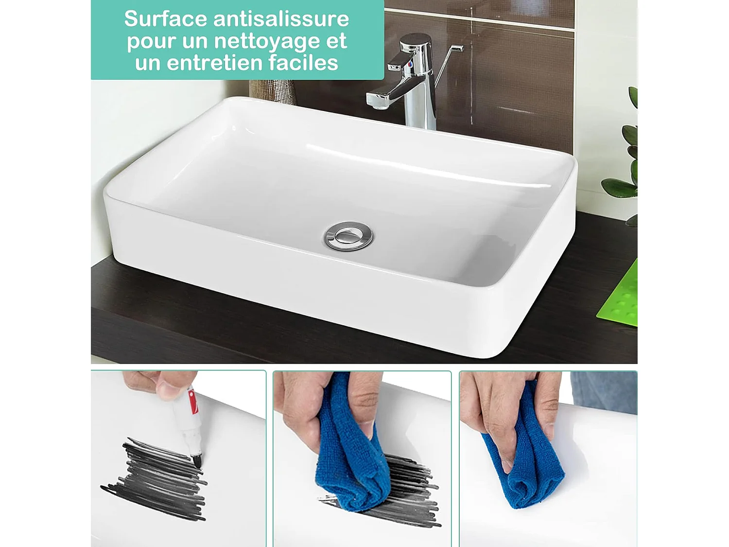 Vasque à Poser en Porcelaine Blanc, Lavabo Salle de Bain 60 x 35 x 11 cm, Lavabo Céramique Rectangulaire avec Vidange Escamotable, pour Maison, Restaurant, Hôtel