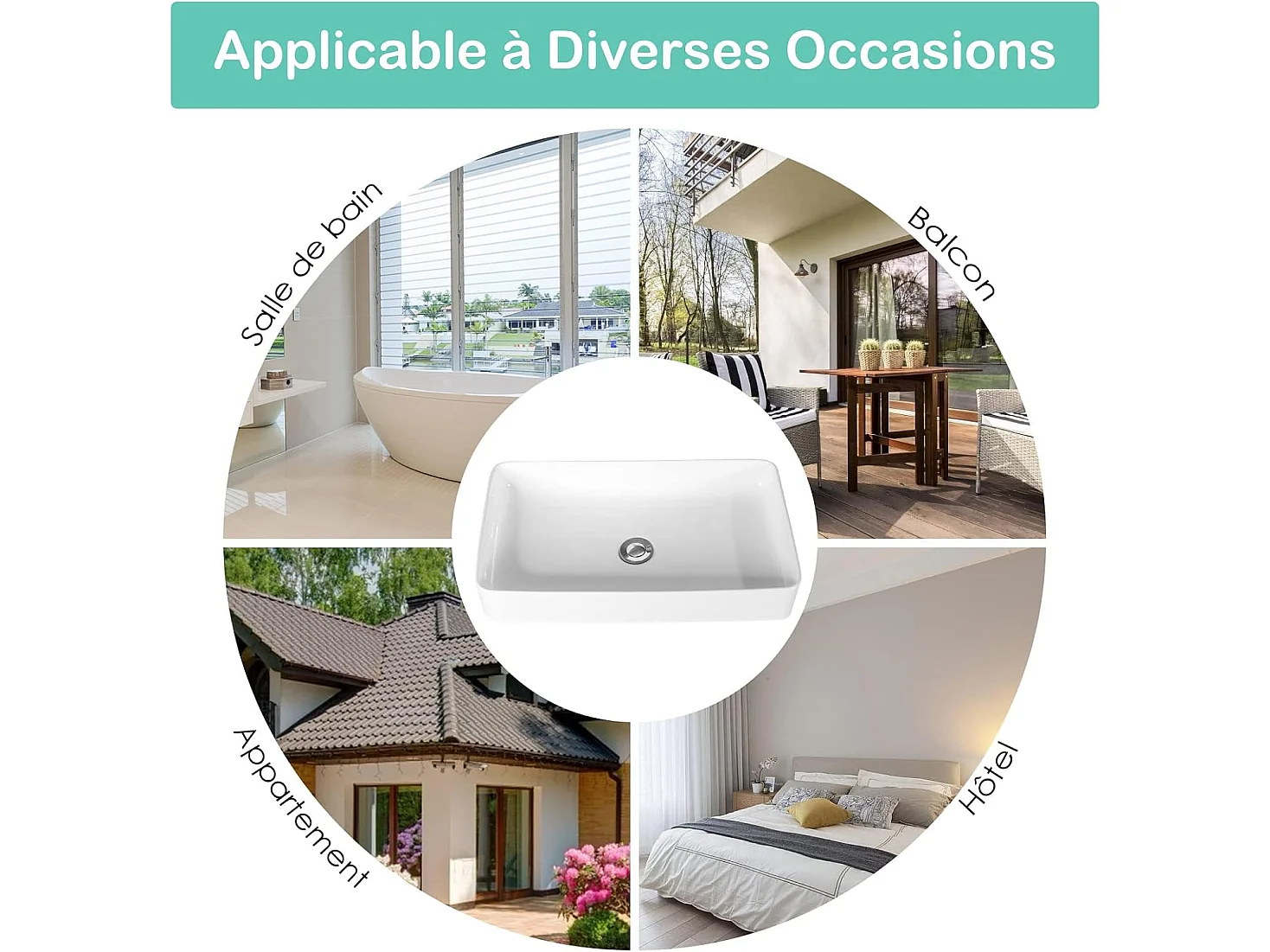 Vasque à Poser en Porcelaine Blanc, Lavabo Salle de Bain 60 x 35 x 11 cm, Lavabo Céramique Rectangulaire avec Vidange Escamotable, pour Maison, Restaurant, Hôtel