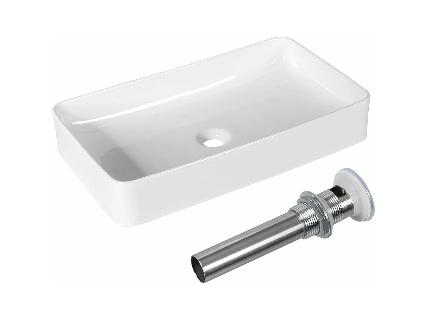 Vasque à Poser en Porcelaine Blanc, Lavabo Salle de Bain 60 x 35 x 11 cm, Lavabo Céramique Rectangulaire avec Vidange Escamotable, pour Maison, Restaurant, Hôtel