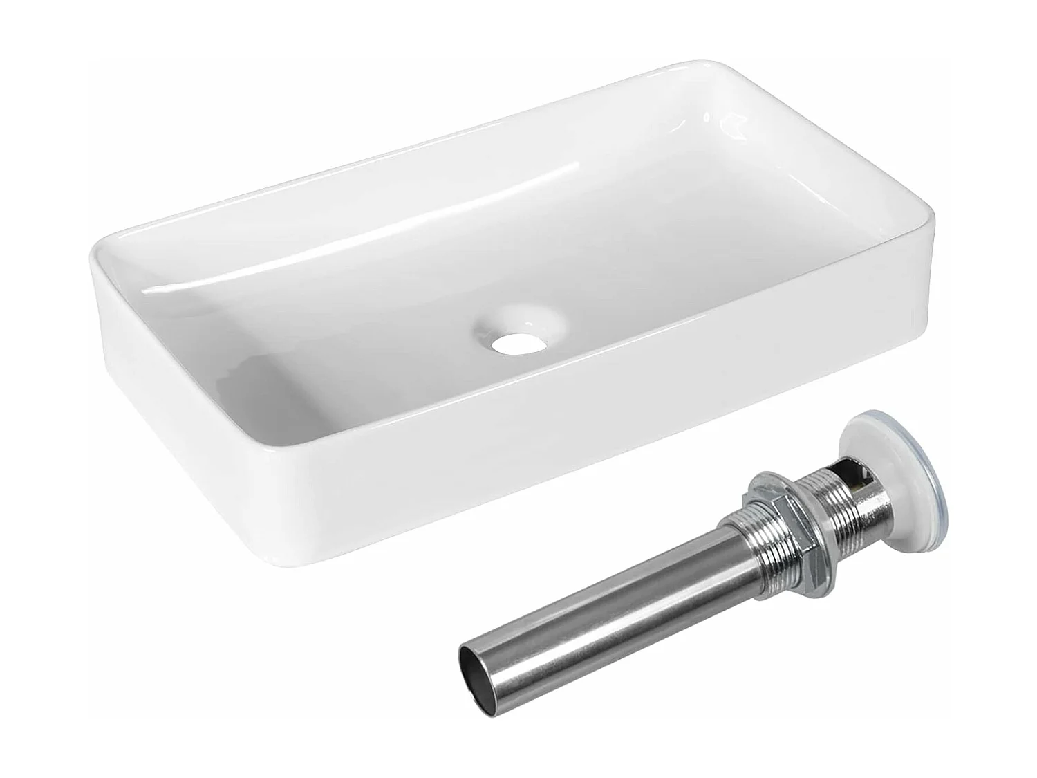 Vasque à Poser en Porcelaine Blanc, Lavabo Salle de Bain 60 x 35 x 11 cm, Lavabo Céramique Rectangulaire avec Vidange Escamotable, pour Maison, Restaurant, Hôtel