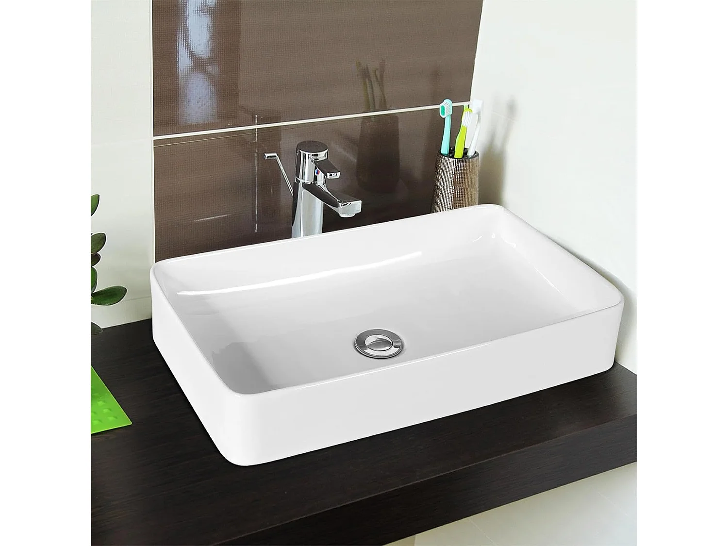 Vasque à Poser en Porcelaine Blanc, Lavabo Salle de Bain 60 x 35 x 11 cm, Lavabo Céramique Rectangulaire avec Vidange Escamotable, pour Maison, Restaurant, Hôtel