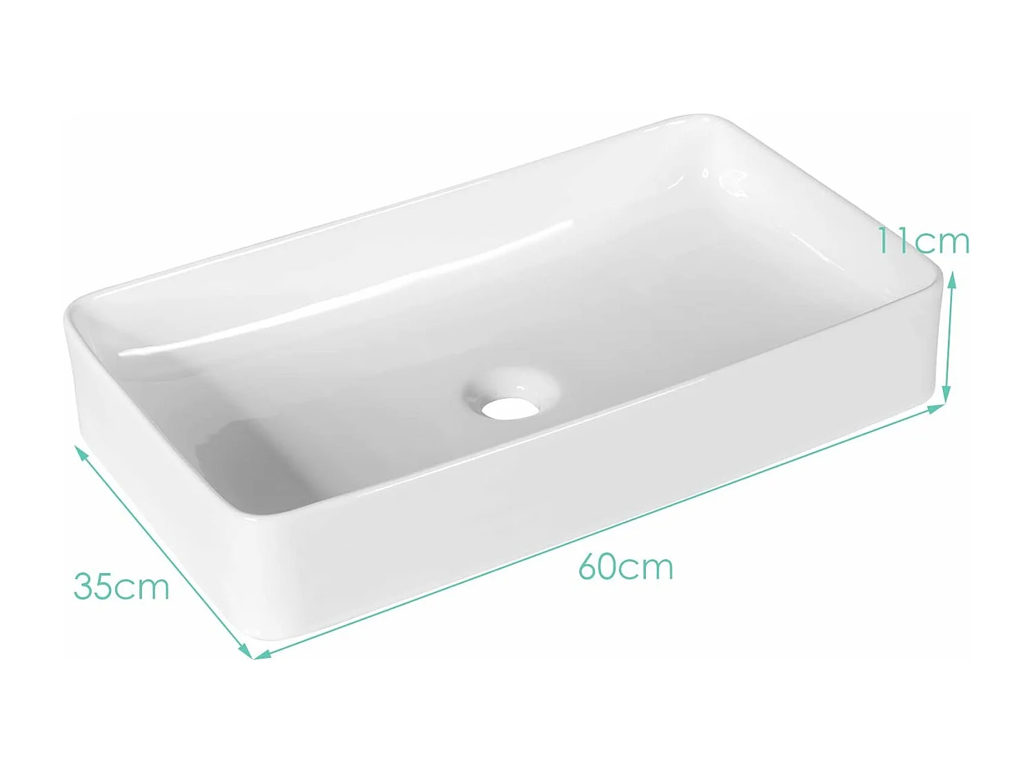 Vasque à Poser en Porcelaine Blanc, Lavabo Salle de Bain 60 x 35 x 11 cm, Lavabo Céramique Rectangulaire avec Vidange Escamotable, pour Maison, Restaurant, Hôtel