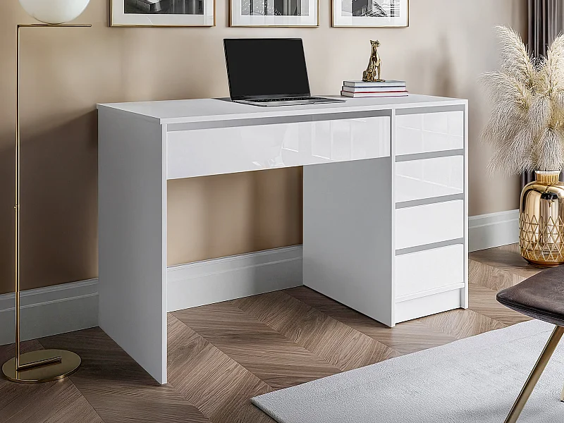 Schreibtisch mit 5 Schubladen - Weiß Glänzend - JENEMI