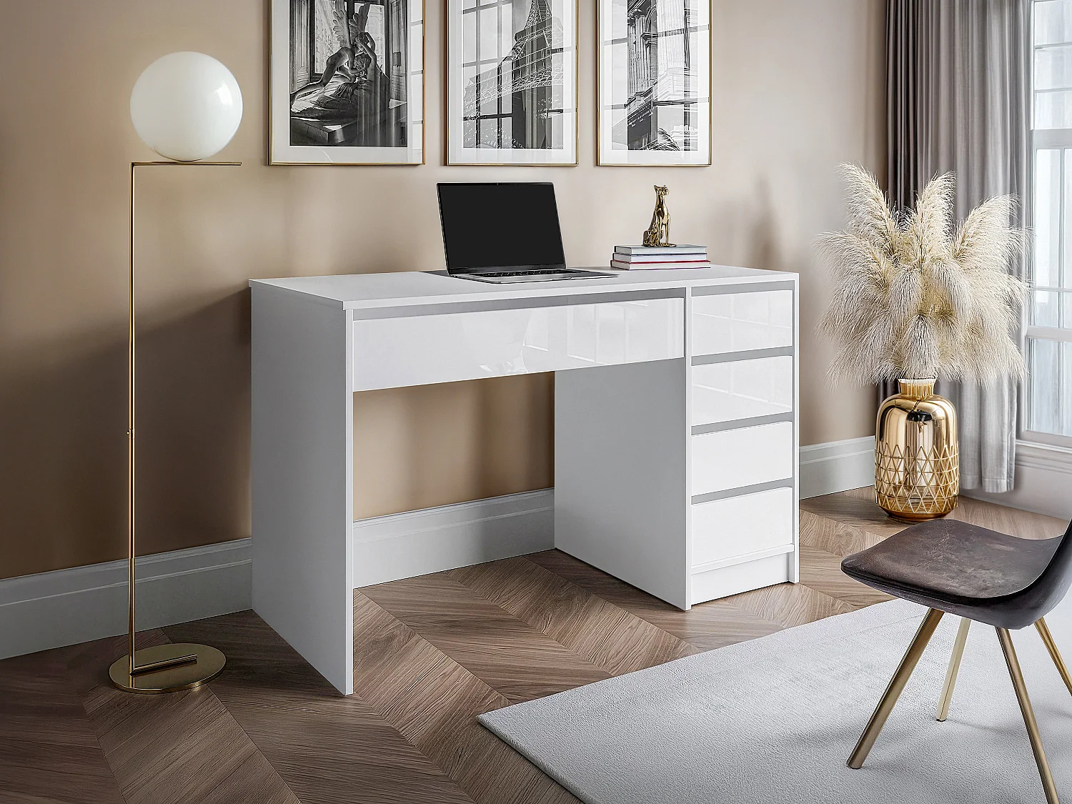 Bureau avec 5 tiroirs - Blanc brillant - JENEMI