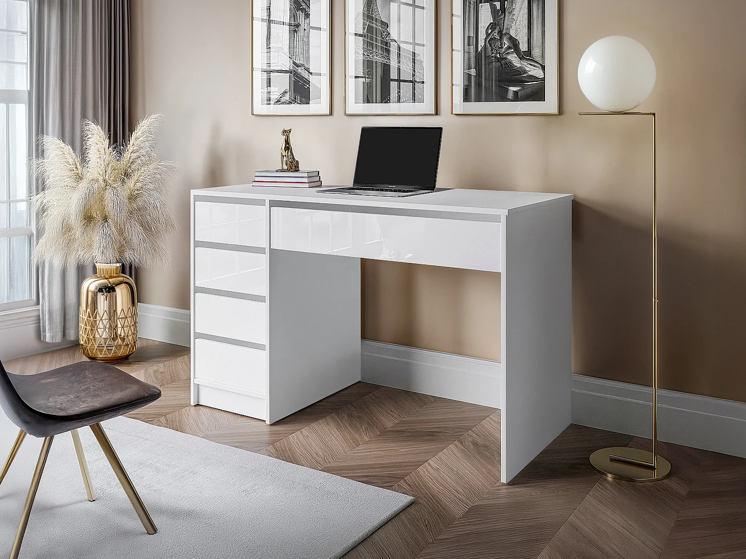 Bureau avec 5 tiroirs - Blanc brillant - JENEMI