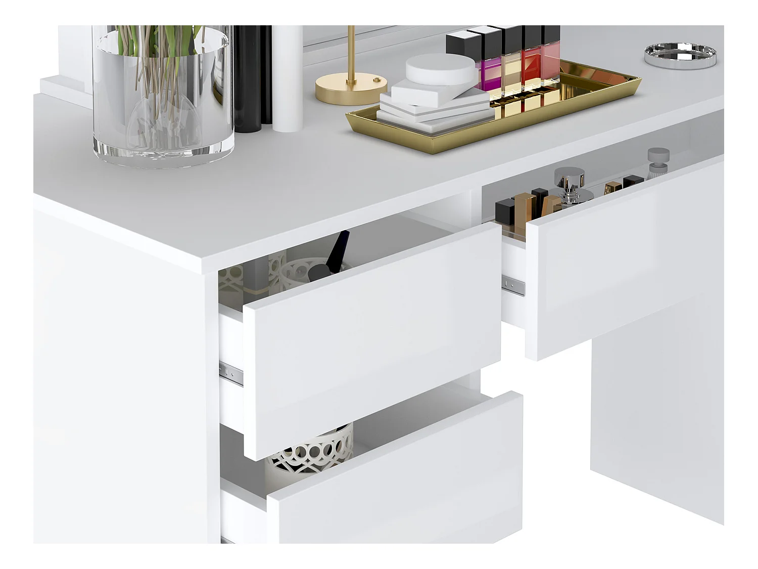 Coiffeuse double avec miroir à LEDs - 9 tiroirs - Blanc brillant - JENEMI