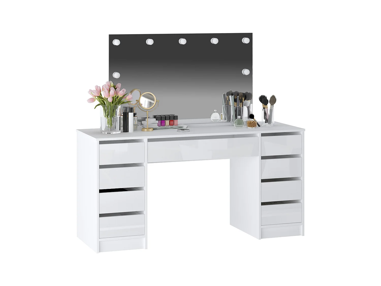 Coiffeuse double avec miroir à LEDs - 9 tiroirs - Blanc brillant - JENEMI