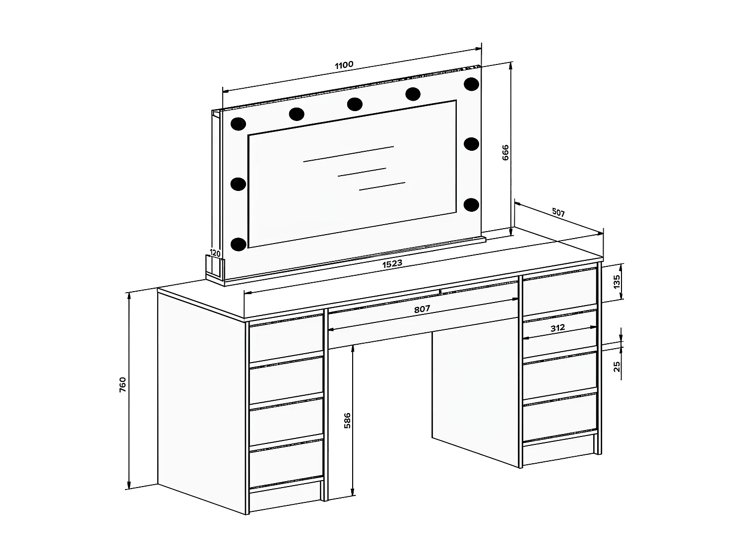 Coiffeuse double avec miroir à LEDs - 9 tiroirs - Blanc brillant - JENEMI