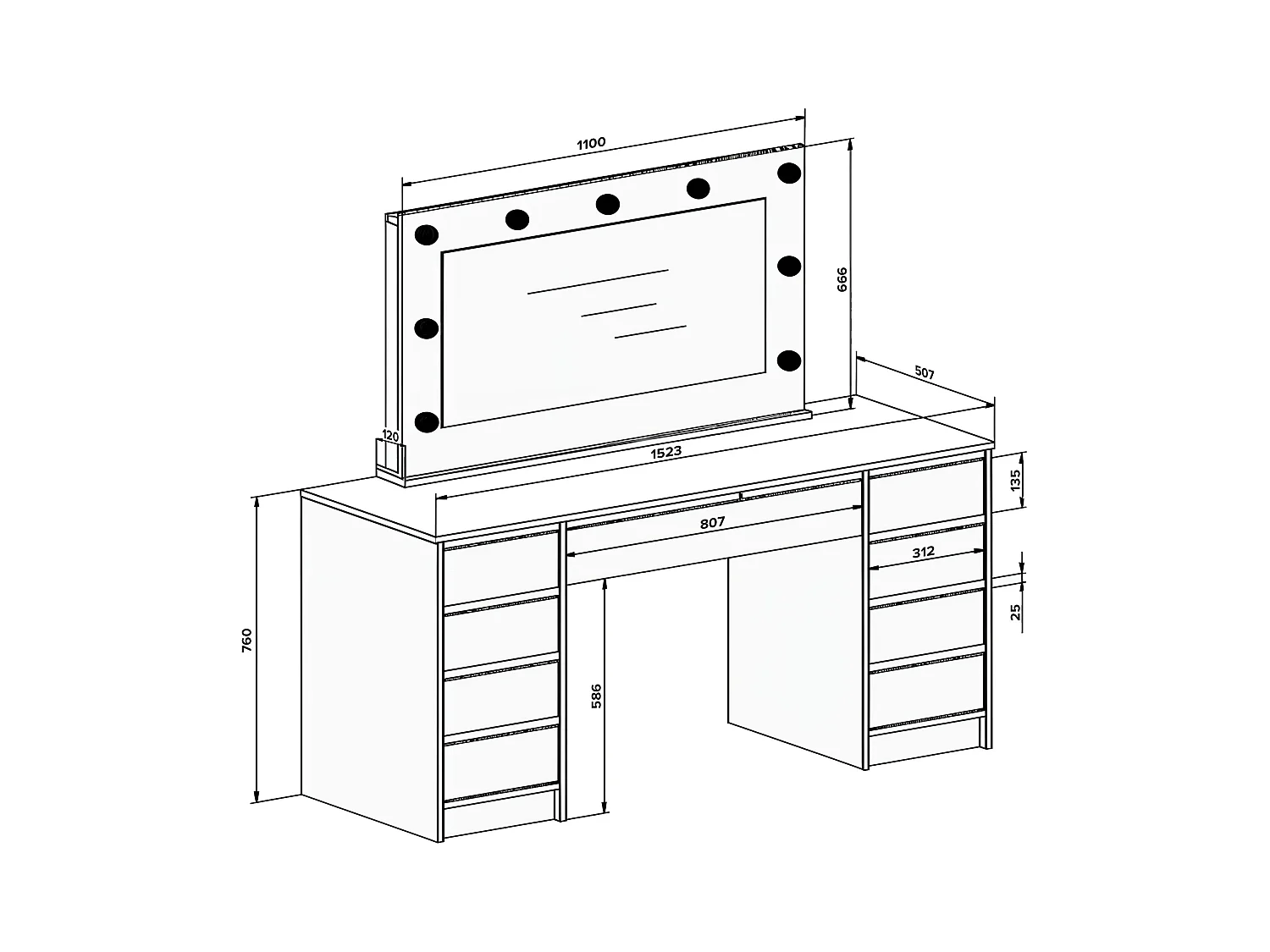 Dubbelsminktabell med LED-spegel och 9 lådor - Vit högglans - JENEMI