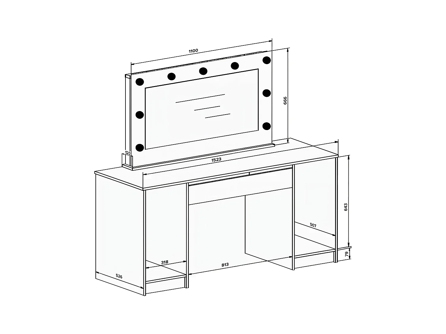 Dubbelsminktabell med LED-spegel och 9 lådor - Vit högglans - JENEMI