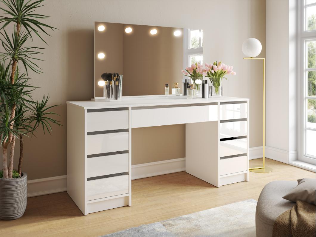 Coiffeuse double avec miroir à LEDs - 9 tiroirs - Blanc brillant - JENEMI