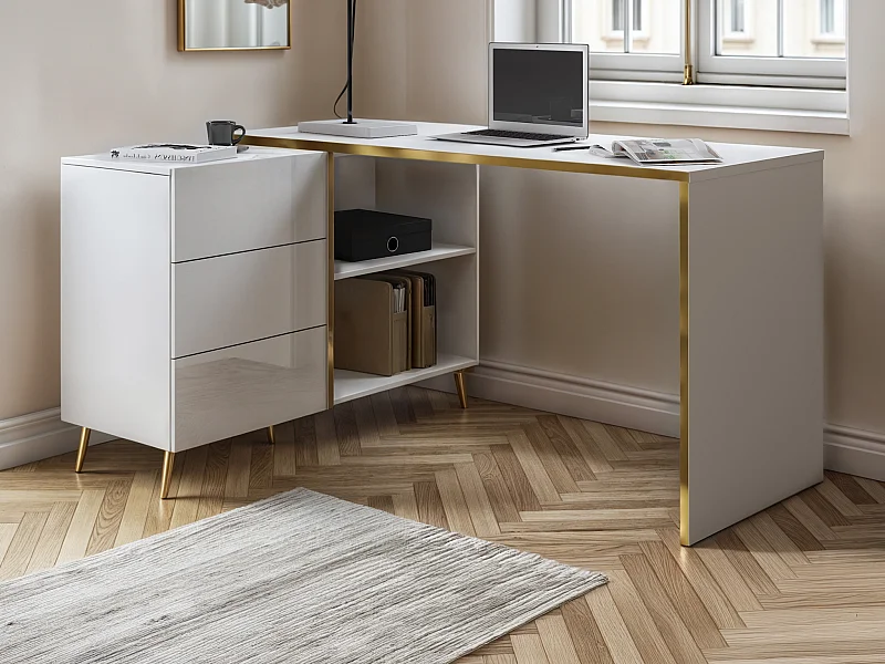 Bureau d'angle avec tiroirs et niches - Blanc brillant et doré - MARZIALO