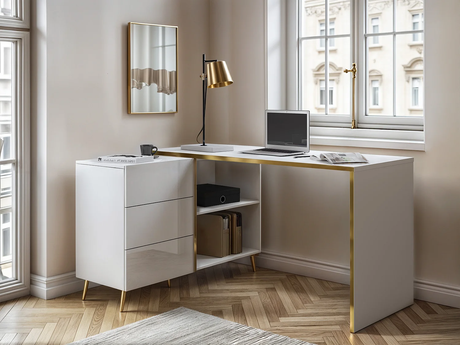 Bureau d'angle avec tiroirs et niches - Blanc brillant et doré - MARZIALO