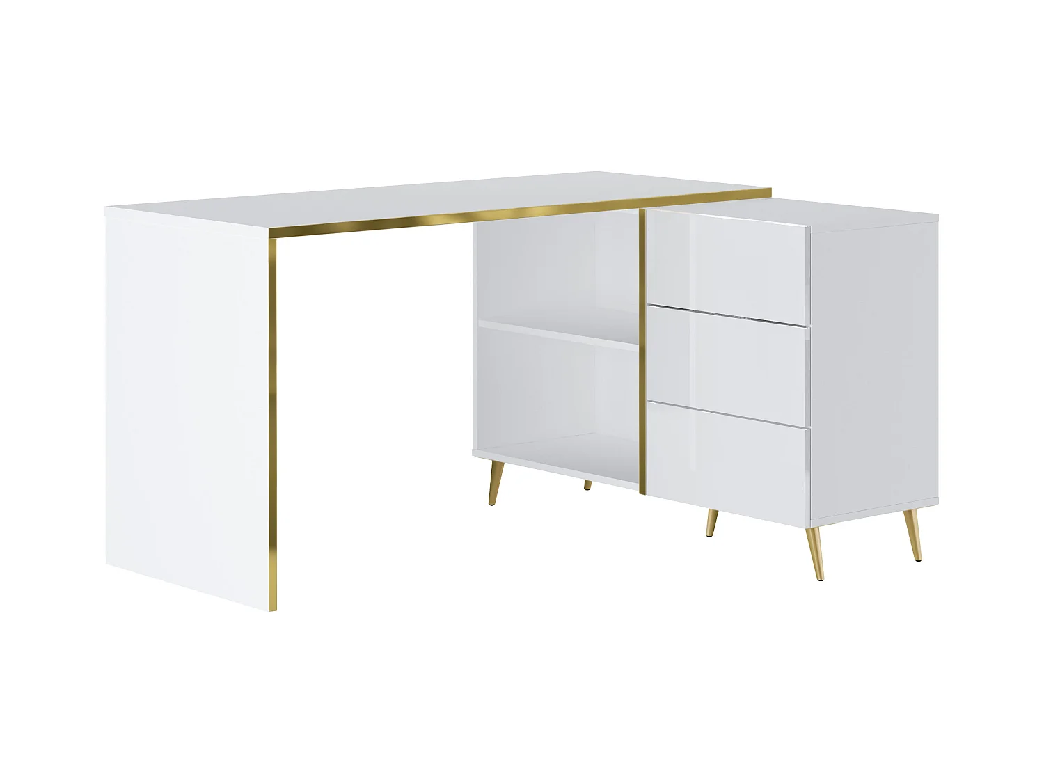 Hoekbureau met lades en nissen - Glanzend wit en goud - MARZIALO