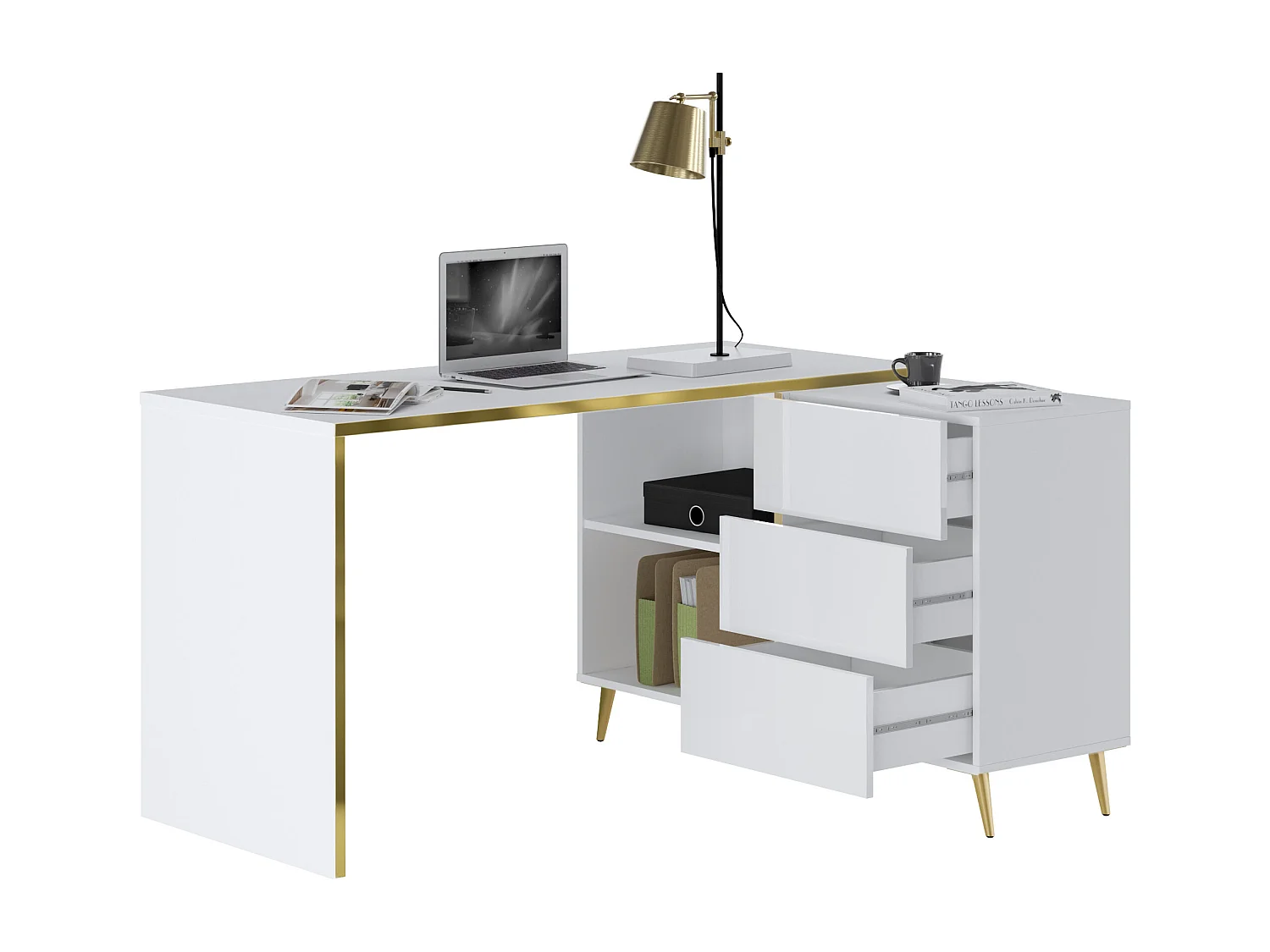 Hoekbureau met lades en nissen - Glanzend wit en goud - MARZIALO