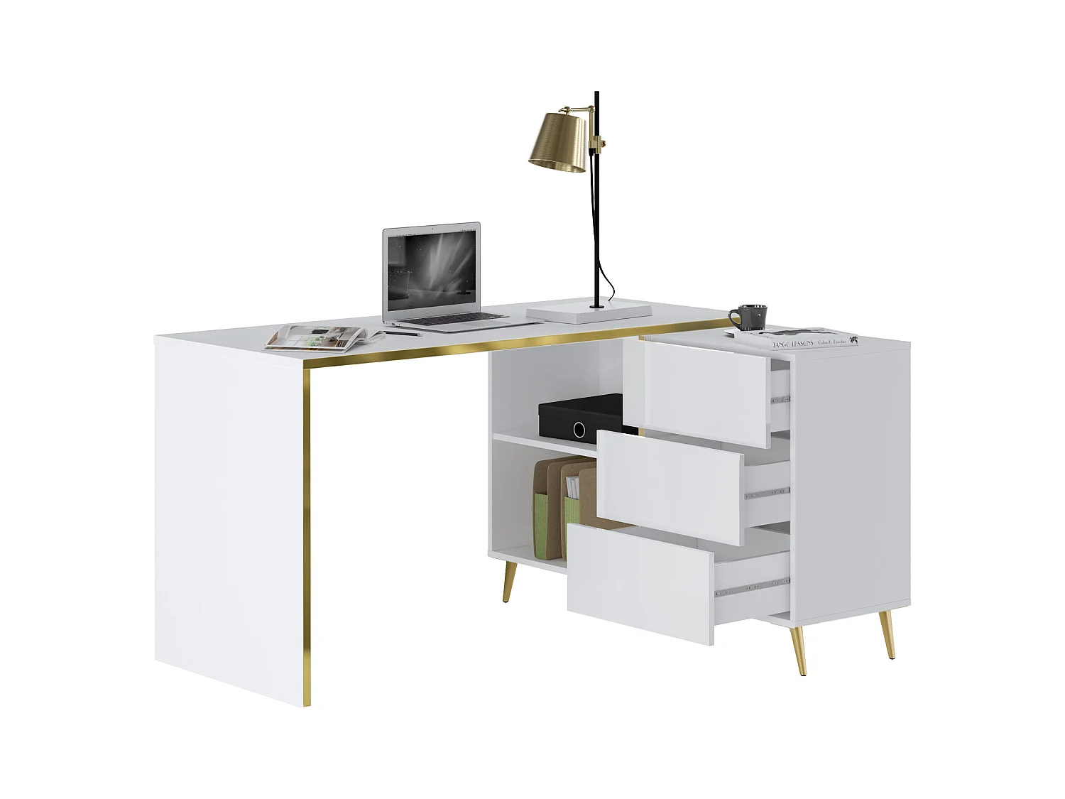 Hjørneskrivebord med skuffer og rum - Højglans hvid og gylden - MARZIALO